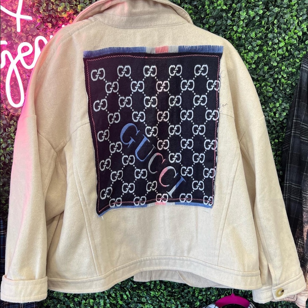 Oversized cream jacket . One of a kind . Hand sewn . Gucci back .